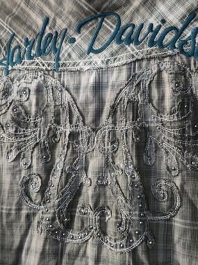 Harley-Davidson Gray Plaid Button Down Shirt with Teal Embroidered Logo Size 3W